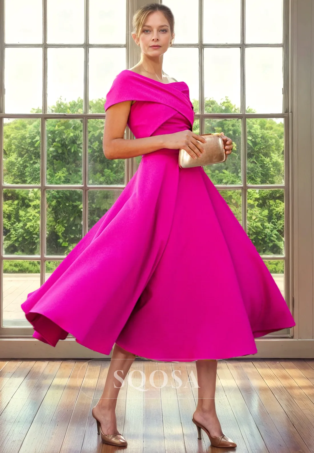 A Line Off Shoulder Pleats Short Cocktail Dress Elegant Mother of the Bride Dress