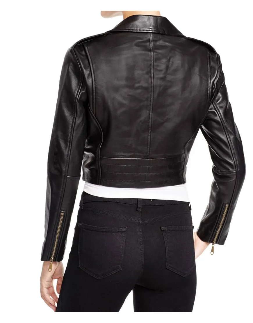 Asymmetrical Zipper Womens Cropped Black Leather Jacket - UJackets