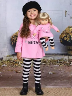 Girls Pink Long Sleeve Kitty Meow Top And Striped Legging Set with Matching Doll Set