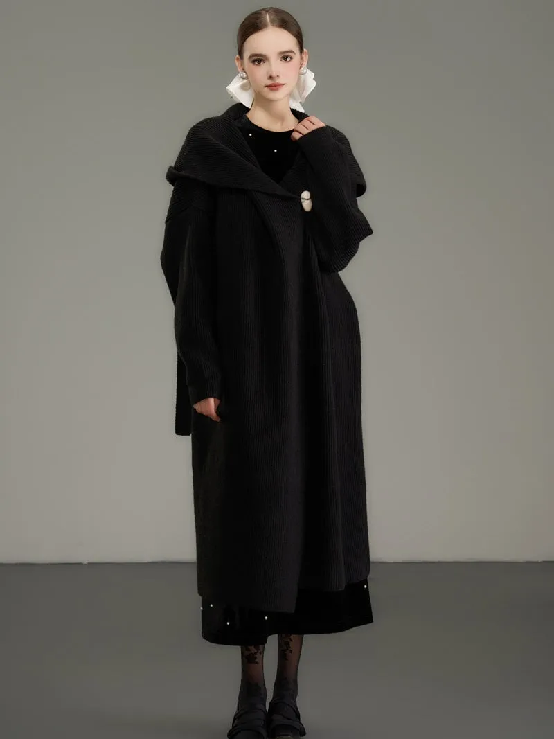 Hoodie Plain Wool Simple Long-Coat