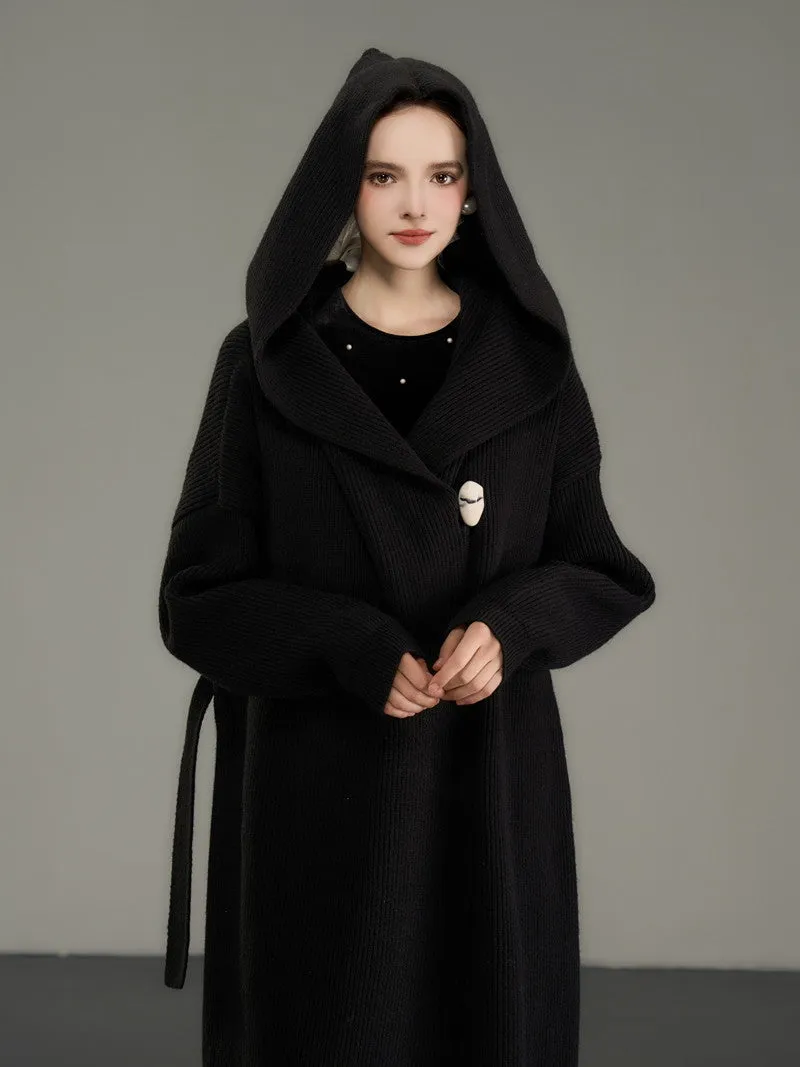 Hoodie Plain Wool Simple Long-Coat