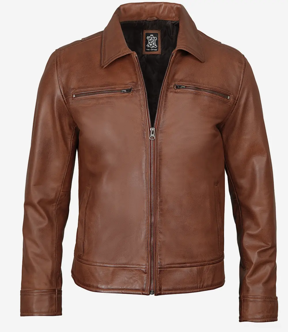 Men's Cognac Brown Leather Jacket- Shirt Collar Style