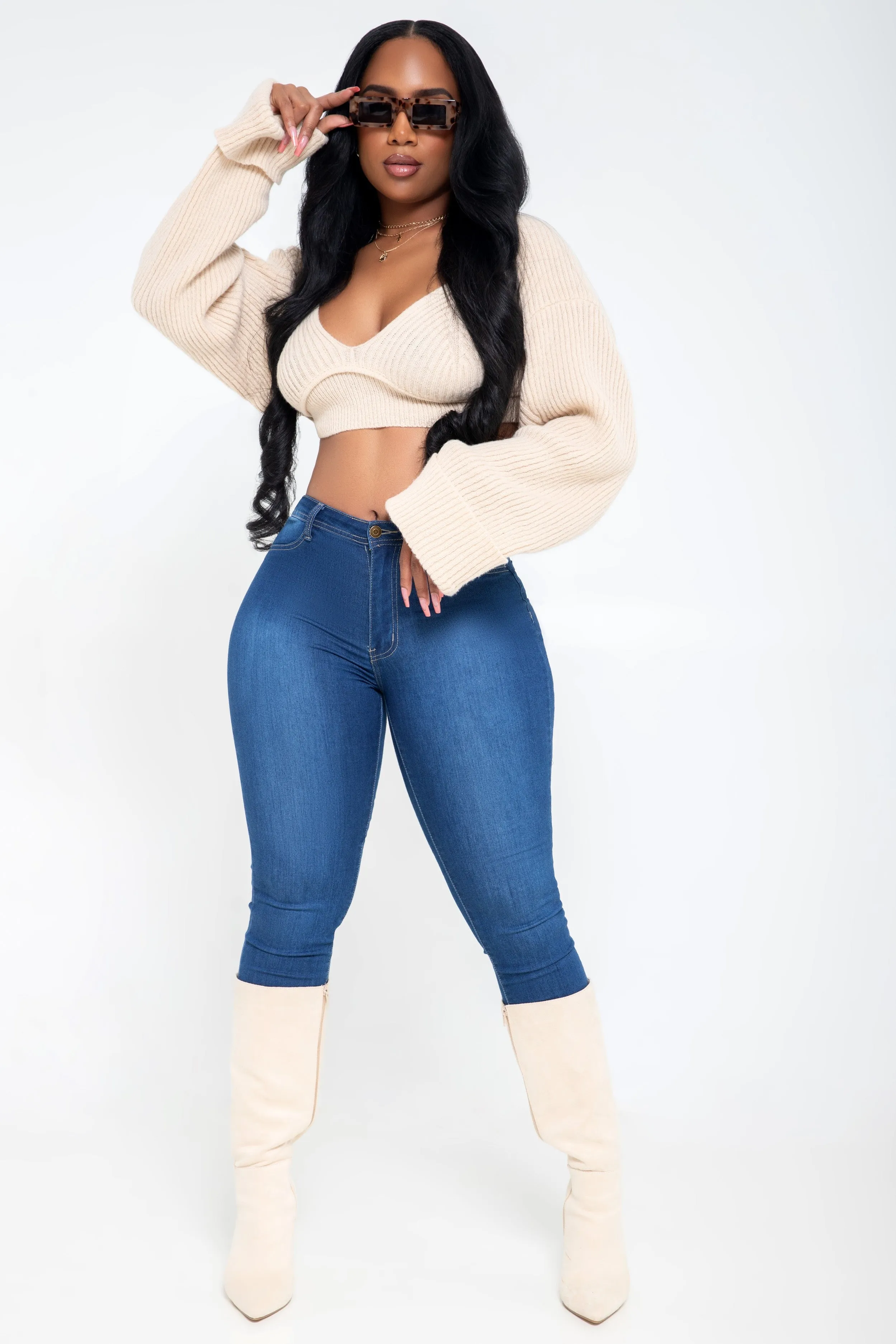 Mixed Signals Cropped Sweater Set - Sand