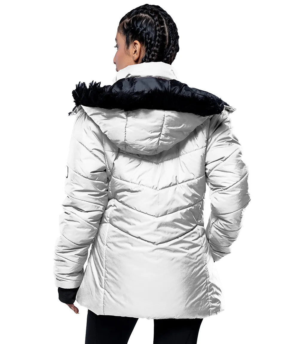 Paola Faux-Fur-Trim White Hooded Puffer Jacket