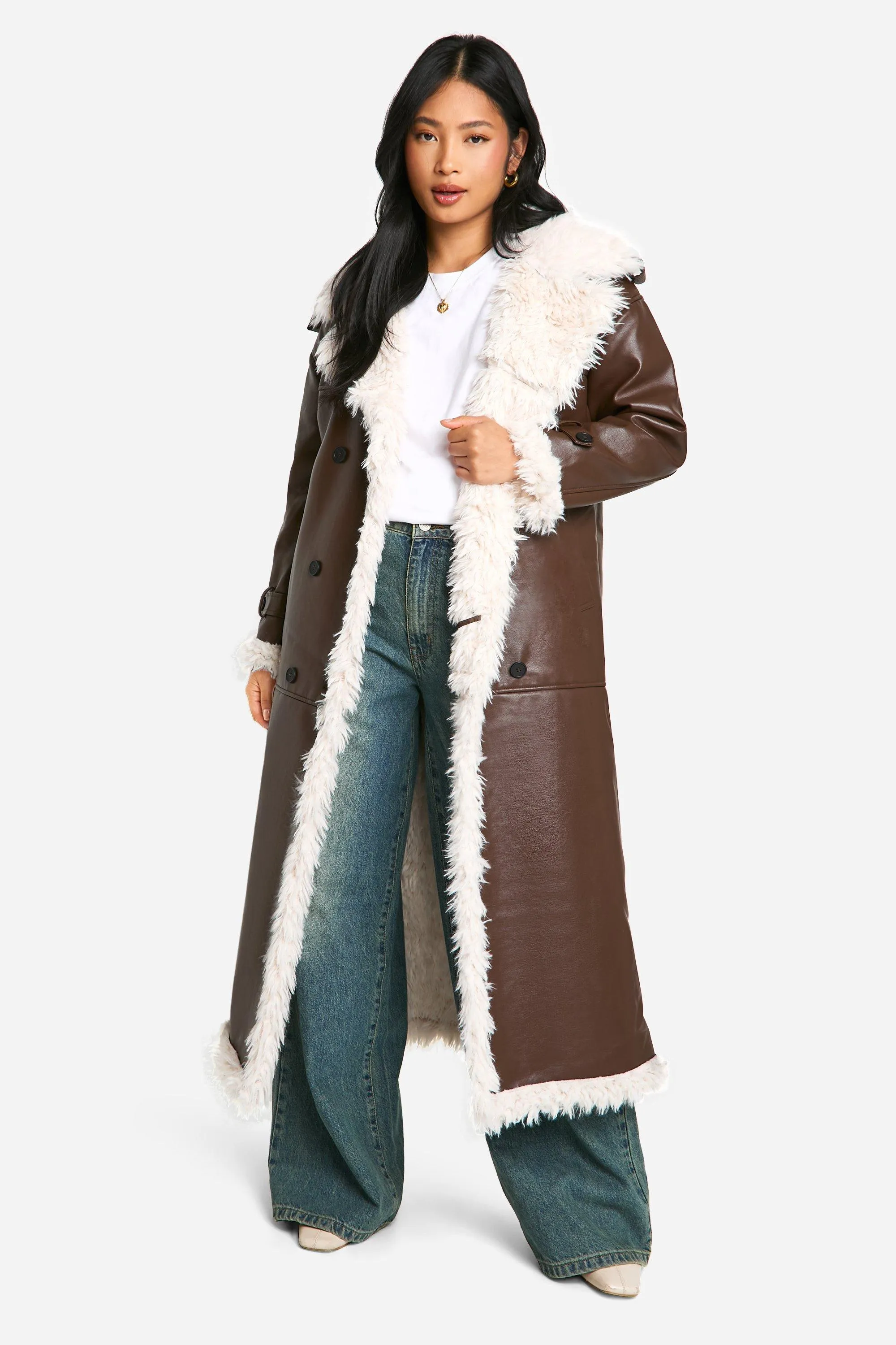 Petite Faux Leather Longline Coat