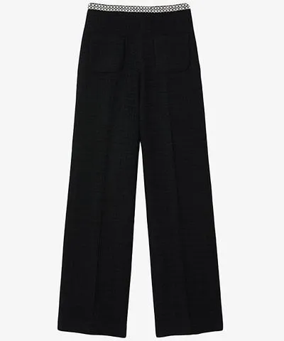Sandro Womens Noir / Gris Embroidered-waist flared-leg cotton-blend trousers