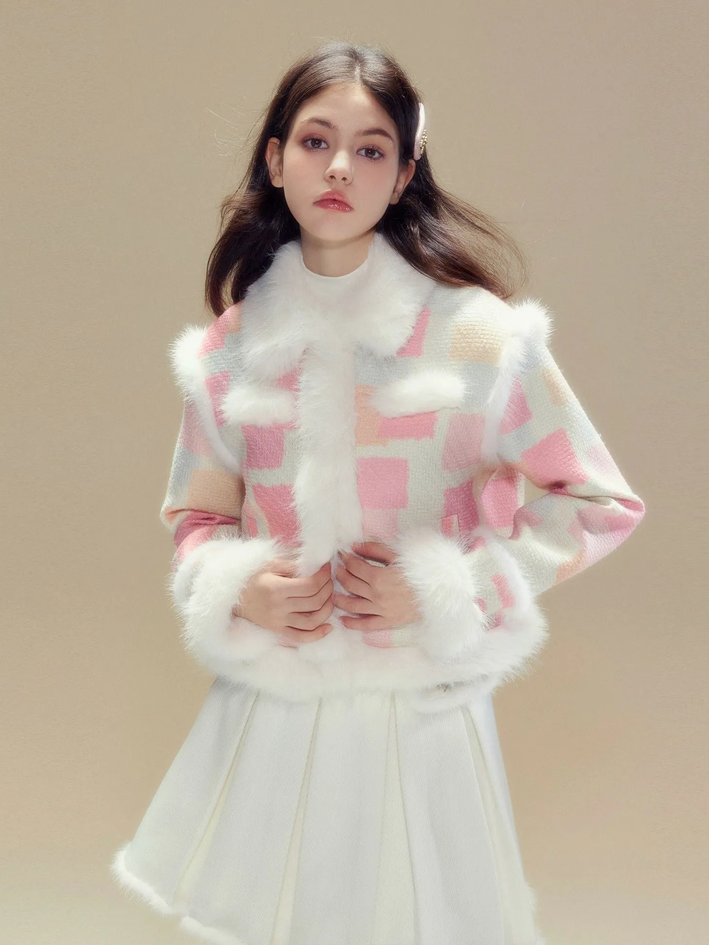 Tweed Design Plaid Stitching Plush Jacket